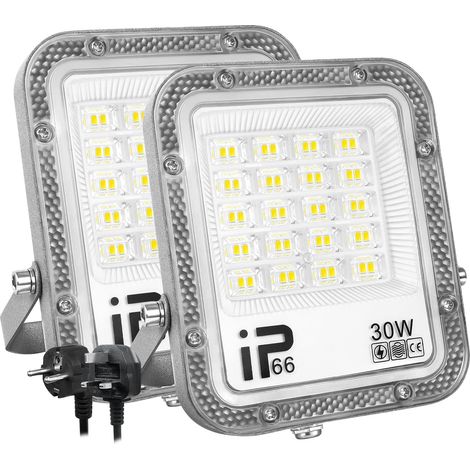 Lumière LED Extérieur 30W, 3000LM, Blanc Froid 6500K, Projecteur LED Sécurité IP65 Étanche, Lumière de Travail LED pour Porte d'Entrée, Entrepôt, Parking, Cour, Rue avec Prise (2 Pièce) (1/5)
