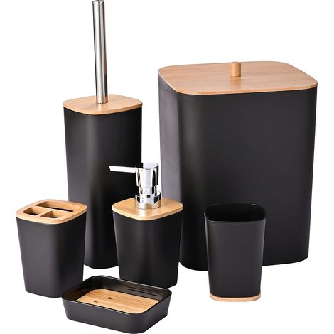 Ensemble de 6 accessoires de salle de bain en bambou, ensemble d'accessoires de salle de bain, poubelle de salle de bain et brosse de toilette, porte-brosse à dents, porte-savon (1/5)