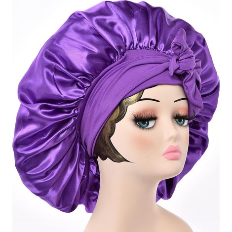 Bonnet en satin et soie avec élastique à nouer et sangles réglables, taille jumbo, idéal pour dormir. Bonnet en satin extensible pour femmes aux cheveux longs et bouclés tressés. (1/5)