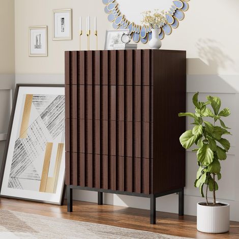 UEV Cassettiera a 4 Cassetti, Cassettiera per Soggiorno/Camera da Letto Modello Legno, 60x34,5x92cm, 4 Gambe in Metallo, Noce