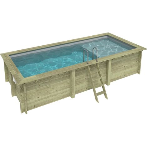 Piscine en bois AQUA 6.1 x 2.85 - H.1.31 m avec plage, gris clair, cadre en métal - sans dalle