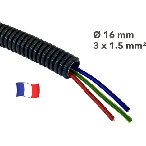 Gaine électrique préfilée 5 mètres diam 16 avec 3 fils Bleu, Vert/Jaune, Rouge 1.5 mm² - PREFA ELEC (1/2)
