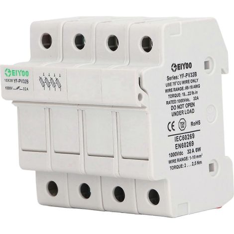 Boîte à fusibles 4P 32A avec disjoncteur CC, rail de guidage, support de base, boîtier en polycarbonate ignifugé, 1000 V 6 W