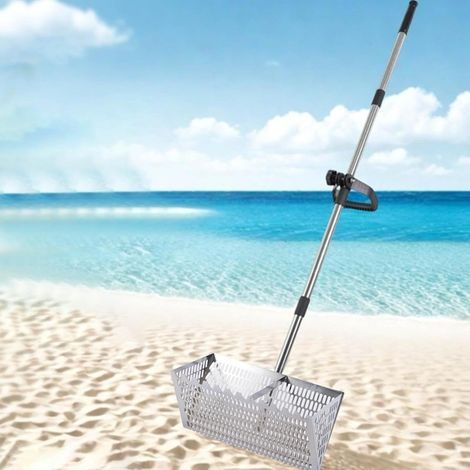 Râteau à puces en acier inoxydable avec grand panier à dents de requin de 40 cm, tamis à dents de requin de plage avec longue poignée amovible pour peigner la plage (argenté) (1/5)