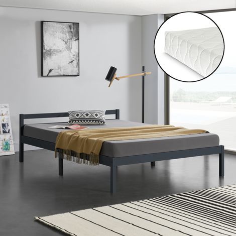 Letto in Legno di Pino con Materasso a Schiuma Fredda 140 x 200 cm Letto Francese con Testiera Bassa in Design Minimal - Grigio Scuro (1/5)