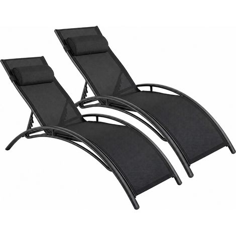Set 2 Lettini Prendisole Moderni Reclinabili Con Schienale Regolabile 5 Posizioni In Textilene Traspirante Per Relax Outdoor 59 x 158 x 81.5 Cm Nero