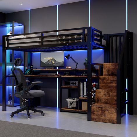Letto a soppalco 90 x 200 cm in metallo e MDF con scala-armadio, ripiano, USB Tipo C e LED nero (1/5)
