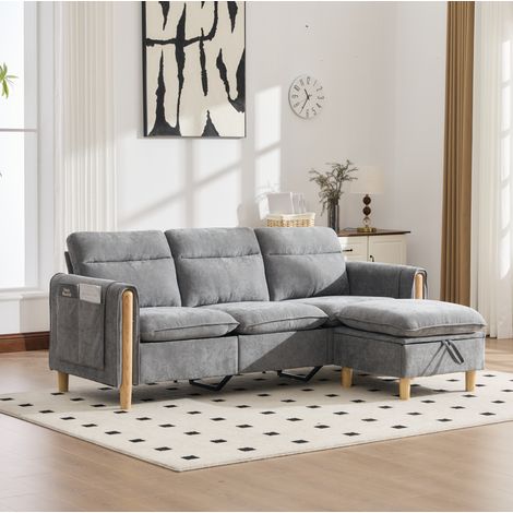 Divano angolare 3 posti in ciniglia grigio chiaro con pouf contenitore reversibile HAVRYA (1/5)