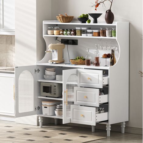 REDOM - Credenza alta 120x40x138.5 cm, porte in vetro scanalato, 3 cassetti, MDF, bianco (1/5)