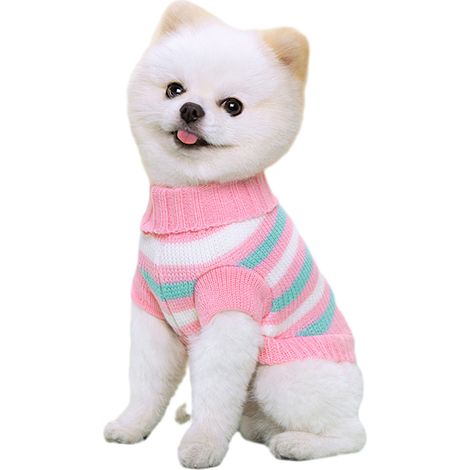 1 pull pour chien et chat, maille extensible, motifs rayés et animaux, col roulé, violet/rose/bleu, printemps-automne-hiver (1/5)