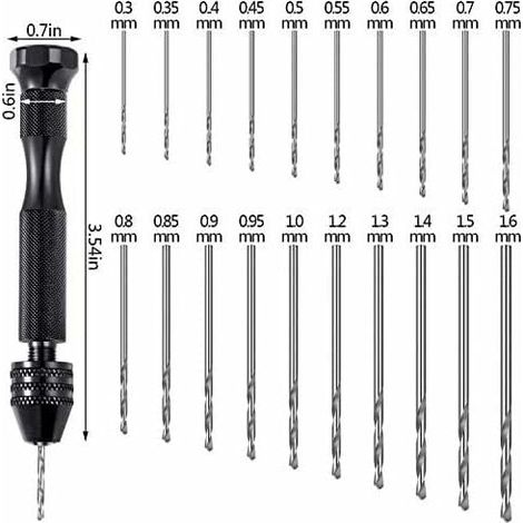 YMYNY - Juego de 21 tornillos de banco con pasador, incluye un taladro manual y 20 mini brocas helicoidales (0,3-1,6 mm) para hacer joyas, colgantes y fundición de resina, arcilla y madera. (1/4)
