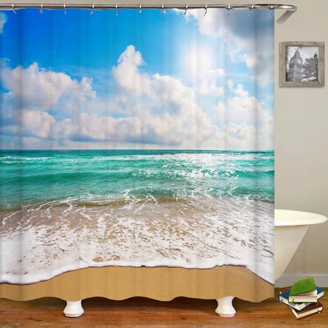 Rideau de douche 3D motif plage, rideau de salle de bain mer Méditerranée, tissu imperméable, dimensions : 180 cm x 240 cm.