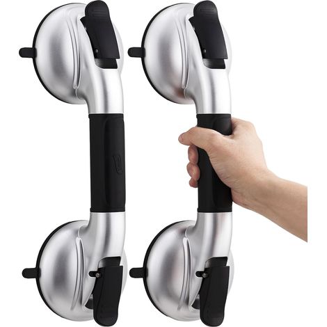 Suction Bathroom Grab Bar 2 Pack, Max 150 kg, Elderly, Equipped with Improved Rubber Suction Cup, Textured Tile Shower Handles, No Drilling – Black (1/5)