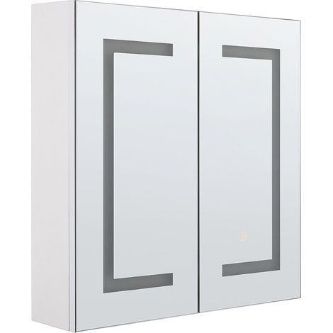 Armario de pared blanco LED 60 x 60 cm con espejo almacenamiento baño minimalista moderno Mazarredo