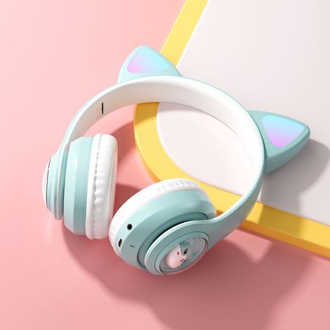 Green glowing space capsule cat ear Bluetooth headphones, high-performance over-ear children's headphones with ultra-lon (1/5)