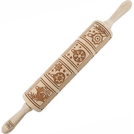 Rodillo de madera MoodForWood, grabado, 43 cm con asas, perfecto para hornear - Adornos para árbol de Navidad con diseño de galletas (1/5)