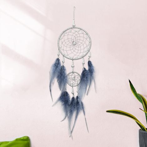 Attrape-rêves bohème fait main avec plumes grises, décoration murale pour fille (1/5)