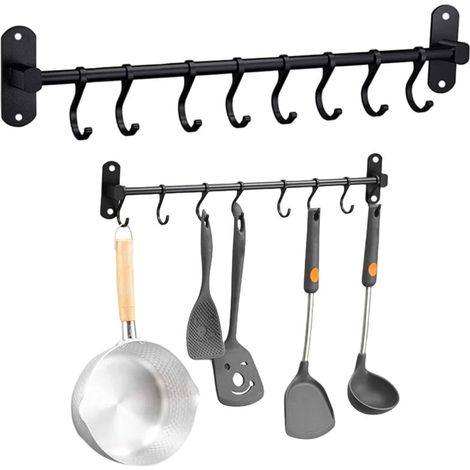 Barre de rangement murale pour cuisine, 8 crochets coulissants en aluminium, porte-ustensiles suspendu