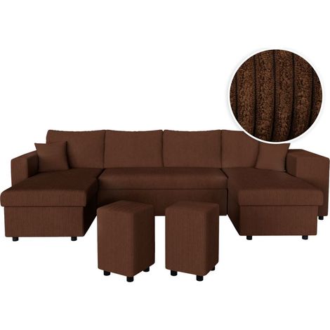 Canapé panoramique OSLO convertible avec 2 coffres, 2 poufs à droite en velours côtelé marron (1/5)