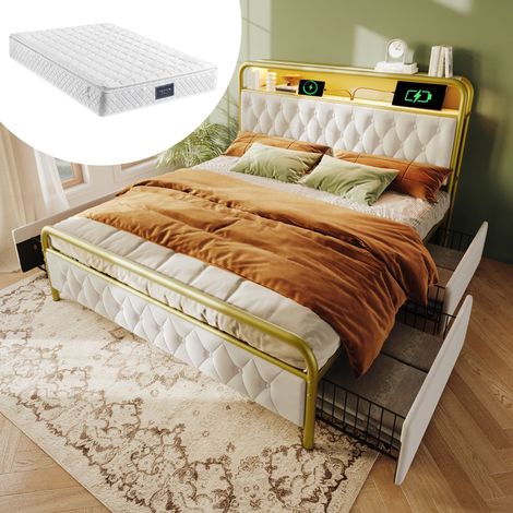 Cama de metal de 140 x 200 cm, cabecero multifuncional con LED blanco, carga USB tipo C integrada y 4 cajones, ideal para adolescentes y adultos (colchón incluido). (1/5)