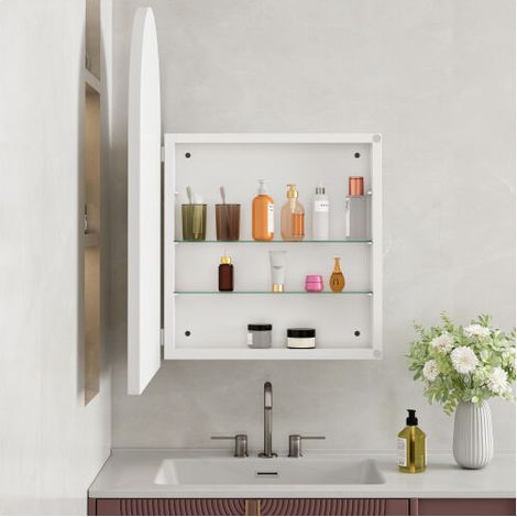 Armoire à miroir élégante en arc – Armoire à pharmacie encastrée, cadre métal, étagères réglables, blanche – Pour salle de bain, salon ou chambre (1/5)