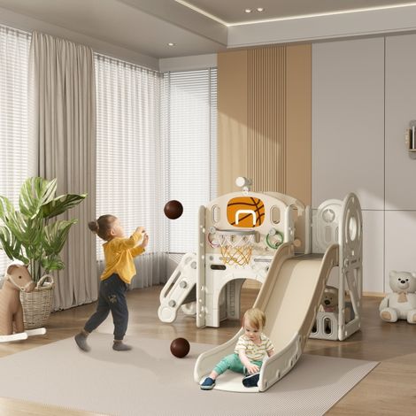 Toboggan 7-en-1 pour enfants, structure de jeu d'intérieur avec rampe et tunnel, rangement intégré, 186 x 153 x 111 cm, blanc crème (1/4)