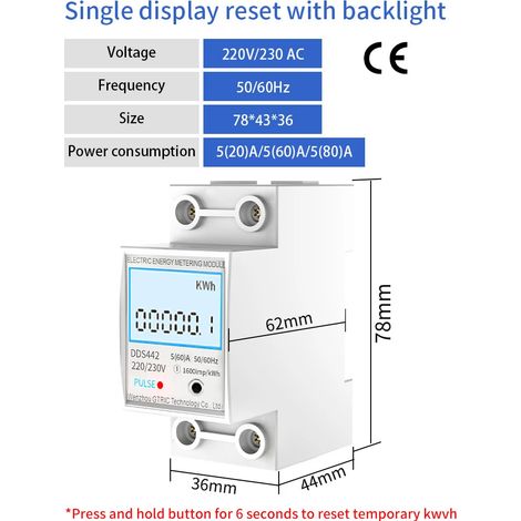 Compteur d'énergie monophasé GTRIC 2P avec affichage numérique LCD, montage sur rail DIN, compteur d'énergie à deux fils, compteur de puissance, AC 230V 50Hz, fabriqué en , 5-80A. (1/5)