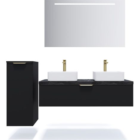Meuble de salle de bain suspendu 2 vasques à poser 120cm 1 tiroir Noir + miroir + colonne ouverture gauche - Venice (1/5)