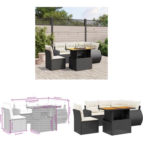 Salon de jardin 6 pcs avec coussins noir résine tressée - Ensemble Salon De Jardin - Meuble Extérieur - Résine Tressée - Rotin Synthétique - Table Extensible - Home & Living (1/3)