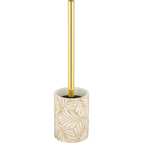 Porte brosse WC Terralba, Tête remplaçable en silicone, Surface motif feuilles avec reflet doré, Manche inox doré, Polyrésine, 9x36cm, Or et Beige