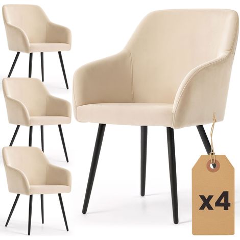 Lot de 4 Chaises en velours lisses ESTELLE Beige pieds noirs (1/5)