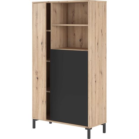 Wohnzimmervitrine 77x141x33 cm mit 2 Türen Eiche Knoten und Anthrazitgrau – Florenz (1/2)