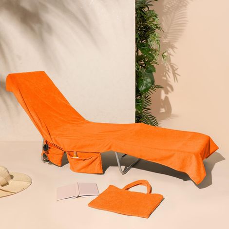 Serviette de plage orange avec poches, sac de serviette de plage en microfibre, accessoires pour chaise longue, piscine, serviettes de voyage, essentiels pour les vacances d'été – 215 x 75 (1/5)