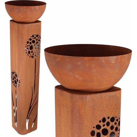 Colonne Décorative de Jardin en Métal Rouillé avec Vasque Motif Pissenlit Vintage 100 cm - PANGIVO