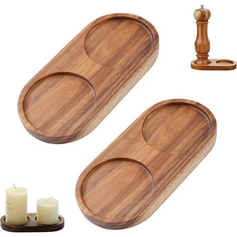 2 pièces - Support en bois - Dessous de plat à double compartiment - Plateau en bois d'acacia - Diamètre intérieur de 6,1 cm - Accessoire de cuisine pour deux moulins à épices en bois (1/5)