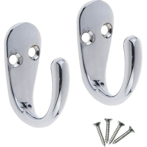 Lot de 2 patères simples avec vis, finition chromée, fixation murale et porte pour salle de bain, chambre, salon, couloir.