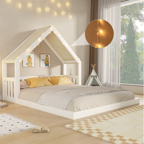 Letto a casetta 140x200 cm in legno bianco con tetto in tessuto e luci - MEUBLIV (1/5)