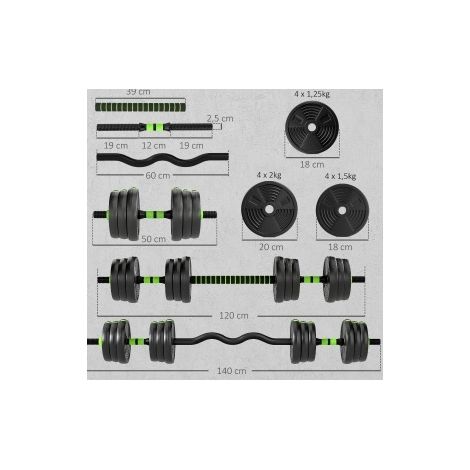 Haltères réglables 20 kg, set 3-en-1 avec barre longue et barre EZ, vert DESVIAE (1/4)