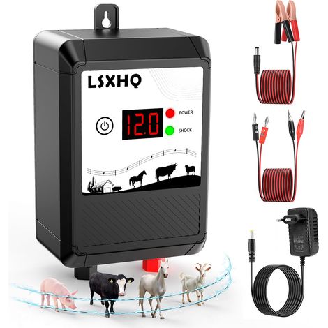 Clôture Electrique pour Animaux 12kV 2 Joules, 10KM Electrificateur de Clôture Electrique avec Affichage LED, Protection pour Chevaux, Moutons, Chiens, Pâturages et Ferme (Noir) (1/5)