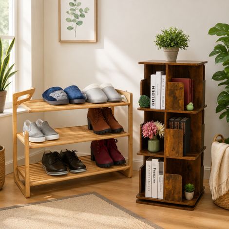 Conjunto de armario de bambú (2 piezas): zapatero apilable de bambú y estantería giratoria de esquina (1/5)