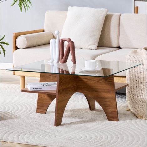 Mesa auxiliar cuadrada (80x80x40 cm), tablero de vidrio de seguridad, con estante integrado, MDF efecto madera de nogal, color nogal (1/5)