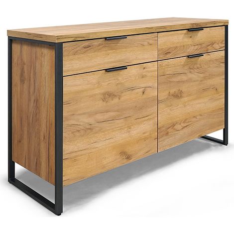 Buffet 2 portes 2 tiroirs en panneaux de particules et MDF – Pieds métalliques – Dimensions L. 120 x l. 45 x h. 80 cm – Rangement moderne (1/5)