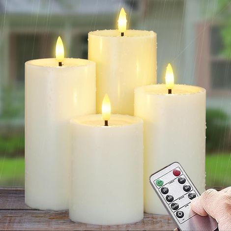 Bougies sans flamme : lot de 4 bougies ivoire avec télécommande pratique, effet LED vacillant et minuterie, étanches, pour la décoration extérieure. (1/5)