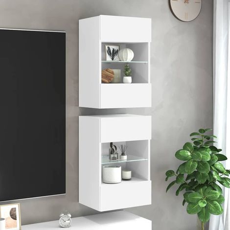 vidaXL Meubles muraux avec lumières LED pour TV 2 pcs blanc 40x30x60,5 cm (1/5)