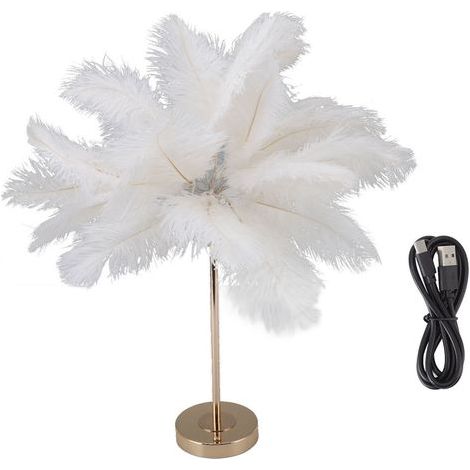 Plume Lampe De Table Interrupteur Tactile USB Plume D'autruche Lampe 3 Couleur Gradation Lampe De Bureau avec Base En Métal Doré 30pcs Plume (1/5)