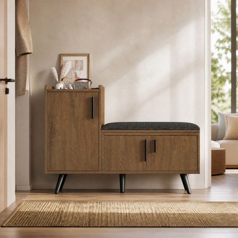 Banco zapatero con asiento acolchado y 3 puertas, 100x34x68,5 cm, acabado natural (1/5)