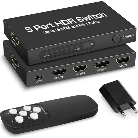 Hdmi Switch - 5 Puertos - 8k@60Hz - 48 Gbps - Con Mando A Distancia - Para Ps5 Xbox Pc Blu-ray (1/5)