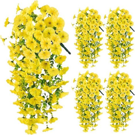 Ensemble de 4 fleurs artificielles retombantes jaunes, 2 bouquets, résistantes aux UV, décoration extérieure pour jardin, maison, mariage, terrasse (1/5)