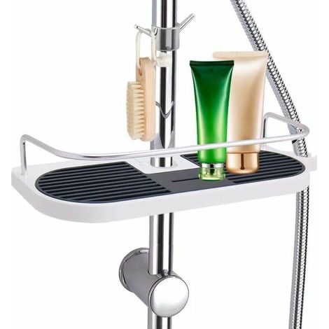 Telescopic shower shelf with adjustable rod, aluminum alloy with 2 hooks, towel holder, no drilling required, bathroom shower shelf, soap and shampoo holder, 19–25 mm (1/5)