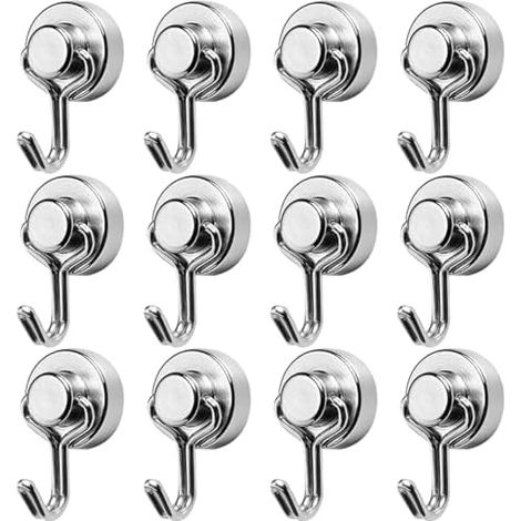12 PCS Aimant Magnetique Crochets, Petit Aimanté Pussiant Crochet Robuste Pour Cuisine Réfrigérateurs Plafond Salle De Bain Casier à Clés Torchon Tableau Sur Surfaces Métalliques - (1/5)